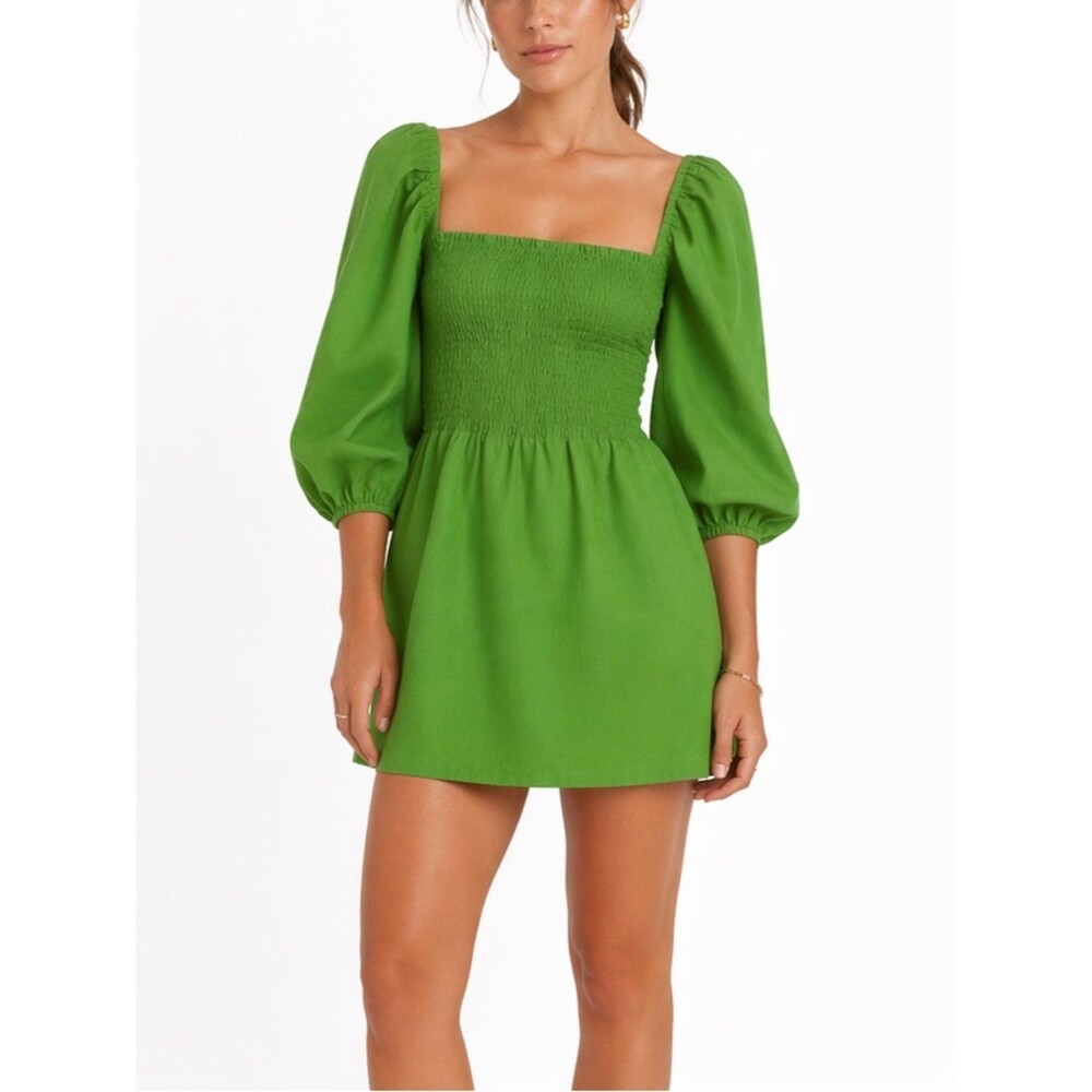 Reformation Greyson Women's Extra Small Green Mini Dress Square Neck Puff Sleeve